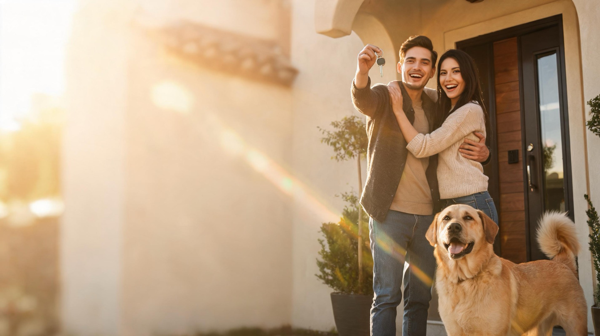 Pareja joven con su perro en la puerta de su casa nueva, sosteniendo las llaves